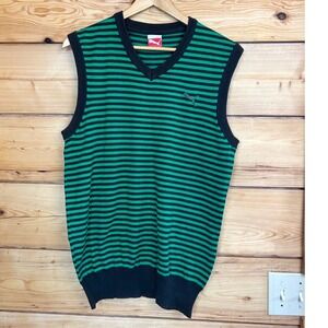 Puma Mens Green‎ Black Striped V-Neck Cotton Knit Sweater Vest Size Medium